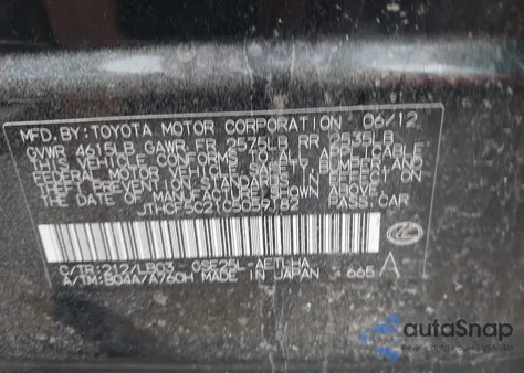 2012 Lexus Is 250 from USA, damaged, VIN JTHCF5C21C5059182